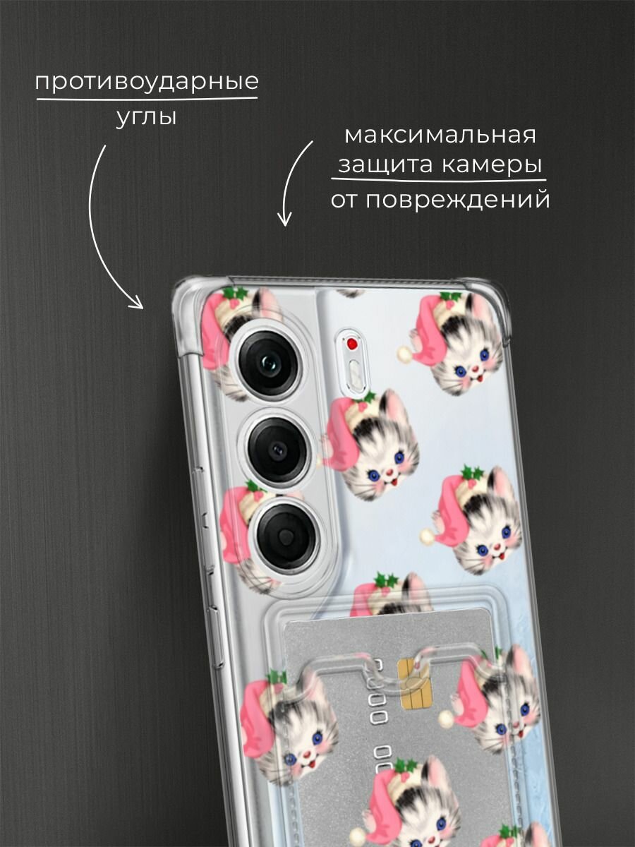 Чехол на Tecno Camon 40 Pro (Текно Камон 40 Про) с картой и принтом "Котик в шапке паттерн" — фото 1