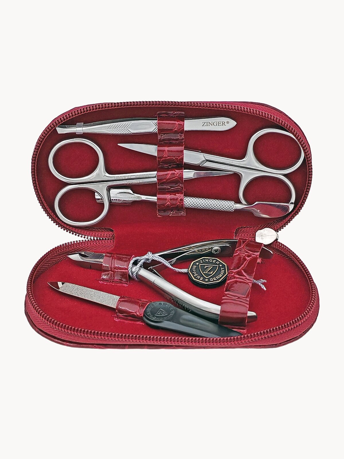 Маникюрный набор Zinger 7104, 6 предметов, медицинская сталь, серебристый/бордовый крокодил