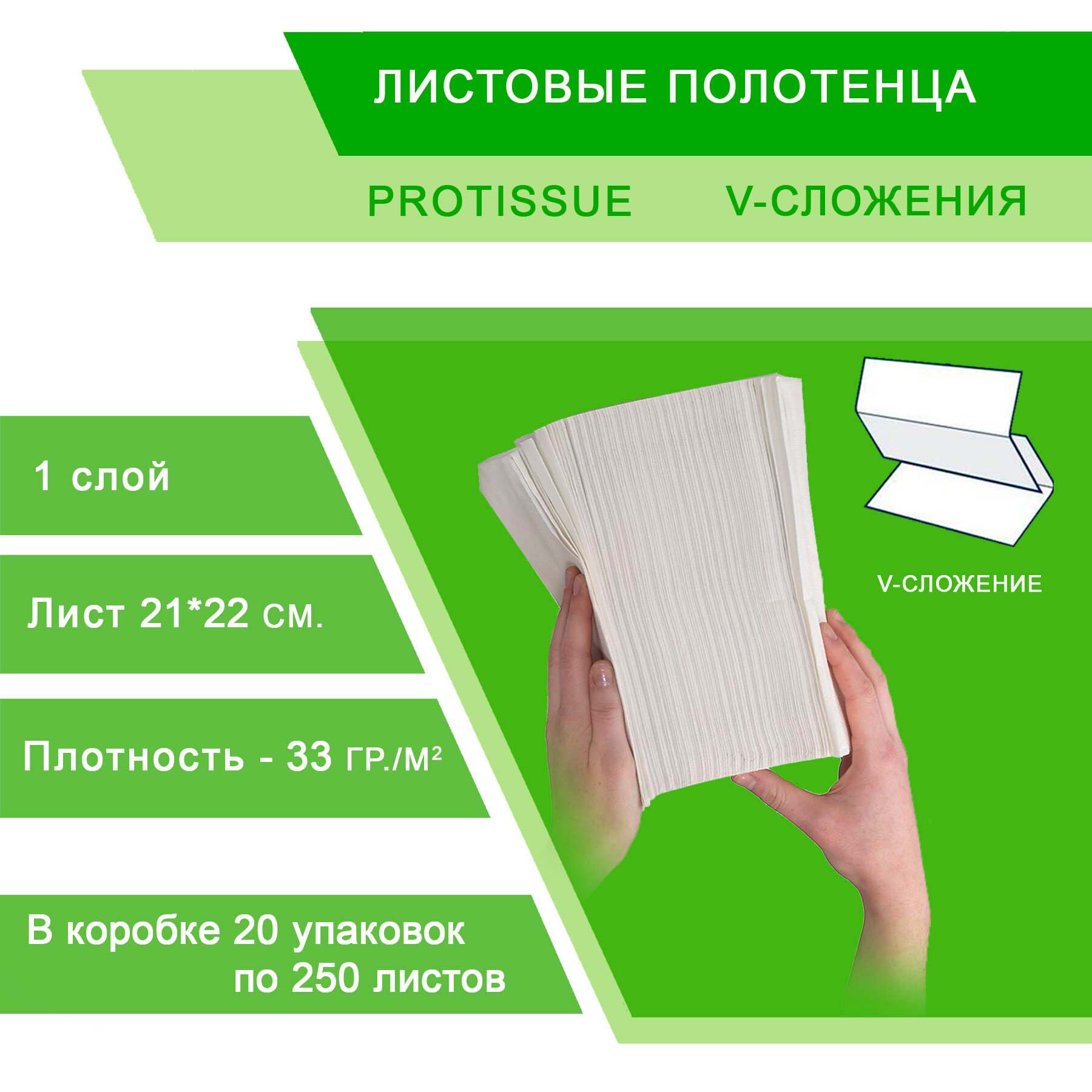 Полотенца бумажные Protissue Comfort C-193 V-сложения однослойные, 20 пачек по 250 листов