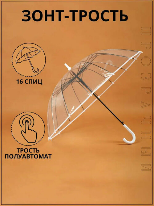Зонт-трость полуавтомат, купол 100 см, 16 спиц, система «антиветер», бесцветный, белый