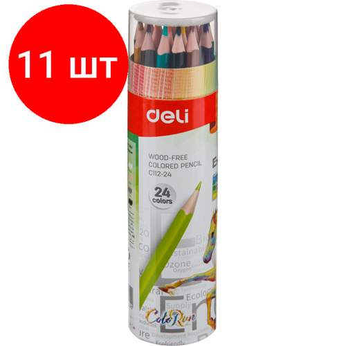 Комплект 11 наб, Карандаши цветные Deli Enovation EC112-24 3-гран. пластик 24цв/наб бум туба