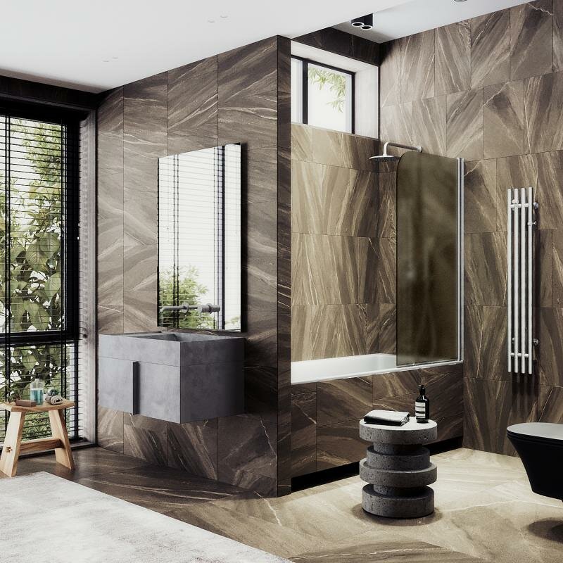 фото Maybah Glass Распашная шторка для ванны поворотная на монопетле 80 см, стекло бронза матовая, профиль хром матовый MGV-625-5 Maybah Glass