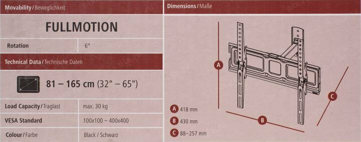 Кронштейн для телевизора Hama черный 32"-65" макс.30кг настенный наклон - фото №3