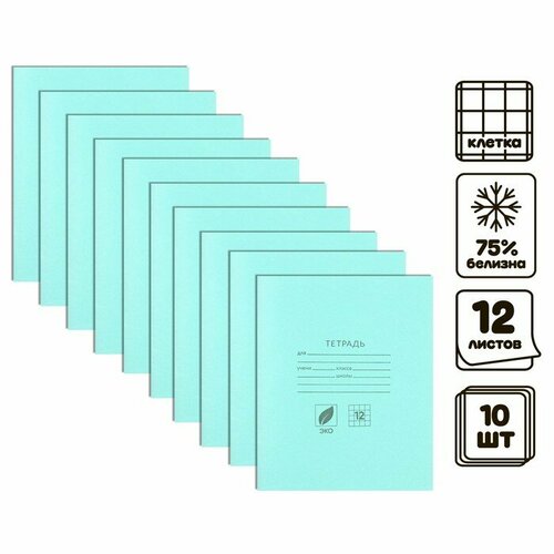 Комплект тетрадей из 10 штук, 12 листов в клетку КПК Зелёная обложка, блок №2, белизна 75% (серые листы)