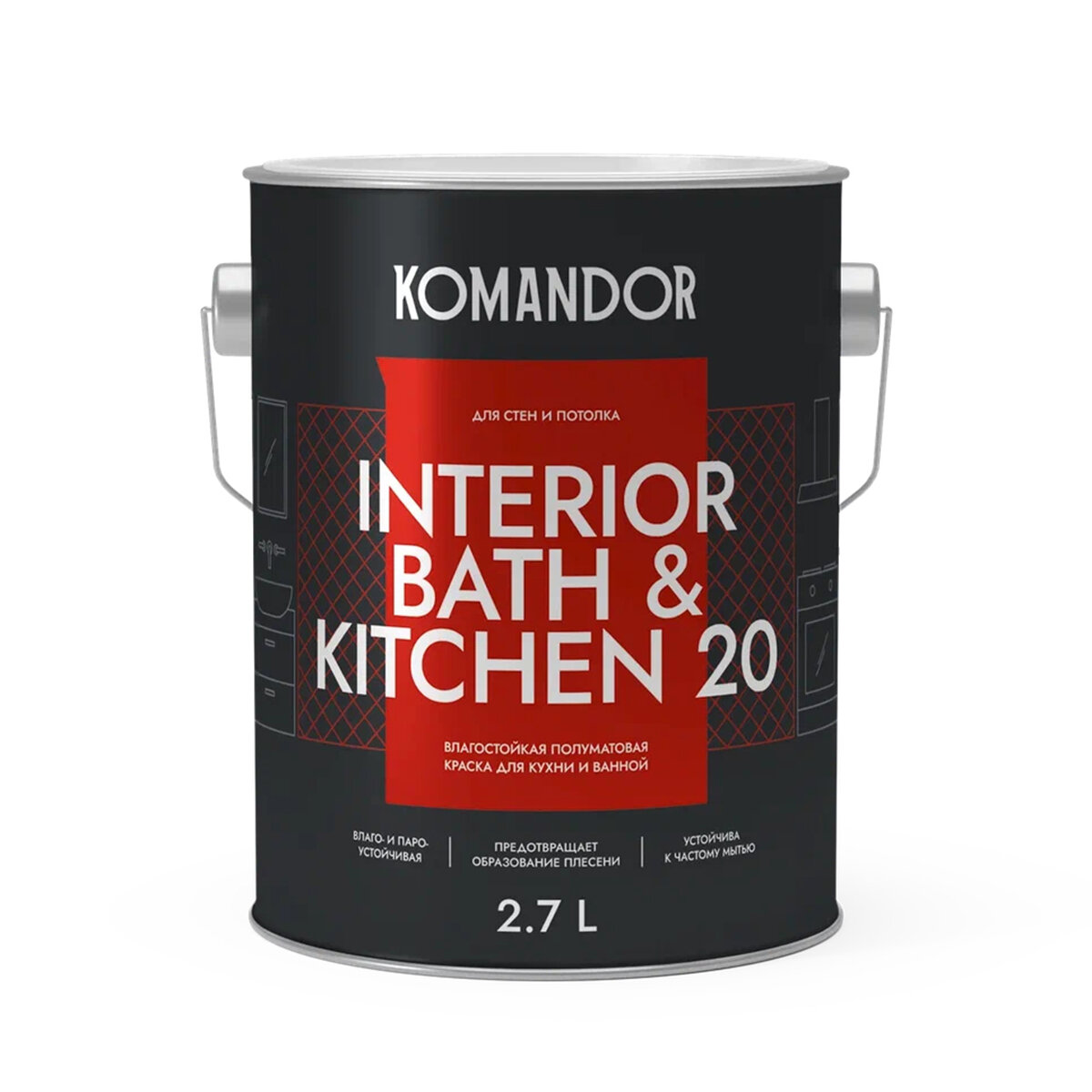 Краска интерьерная влагостойкая Komandor Interior Bath&Kitchen 20, база С, бесцветная, 2,7 л