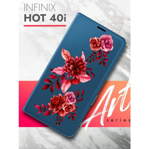 Чехол на Infinix HOT 40i (Инфиникс ХОТ 40и) синий книжка эко-кожа с функцией подставки и магнитами Book Case, Brozo (принт) Гранатовые Цветы чехол на infinix hot 40i инфиникс хот 40и синий книжка эко кожа с функцией подставки и магнитами book case brozo принт корги шарики