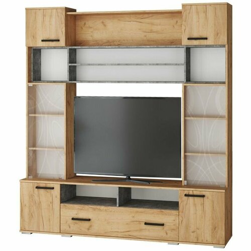 Гостиная Оскар-18 ОГЦС-1 дуб крафт золотойателье светлое ЛДСП с открытыми и закрытыми полками ящиком нишей под ТВ1900х2100х430 тэкс 19240₽