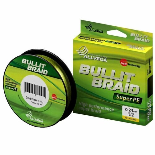 Плетеный шнур ALLVEGA BULLIT BRAID d=0.2 мм, 135 м, 13.7 кг, hi-vis yellow, 1 шт.