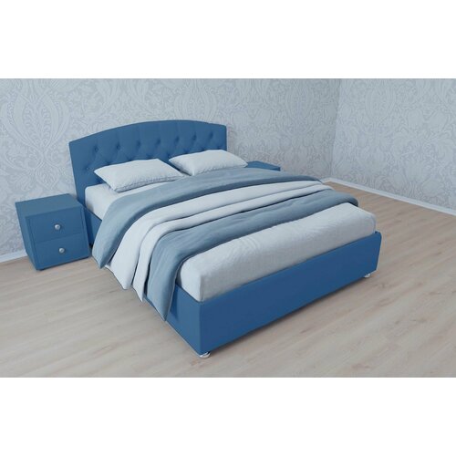 Двуспальная кровать Берлин с матрасом 140x200 основание металлическое с ламелями велюр синий без ножек