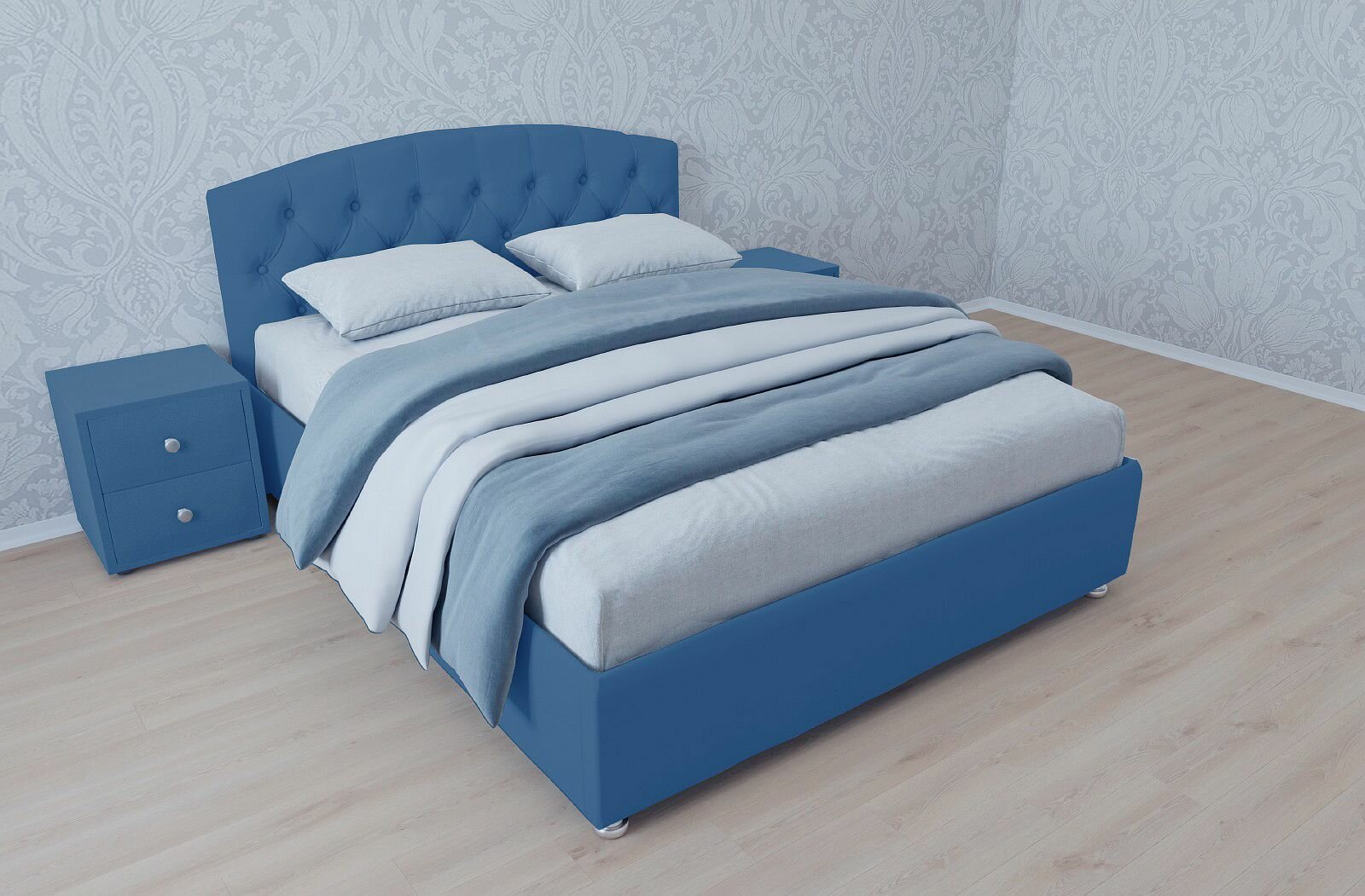 Двуспальная кровать Берлин с матрасом 180x200 с подъемным механизмом и с коробом для белья велюр синий без ножек