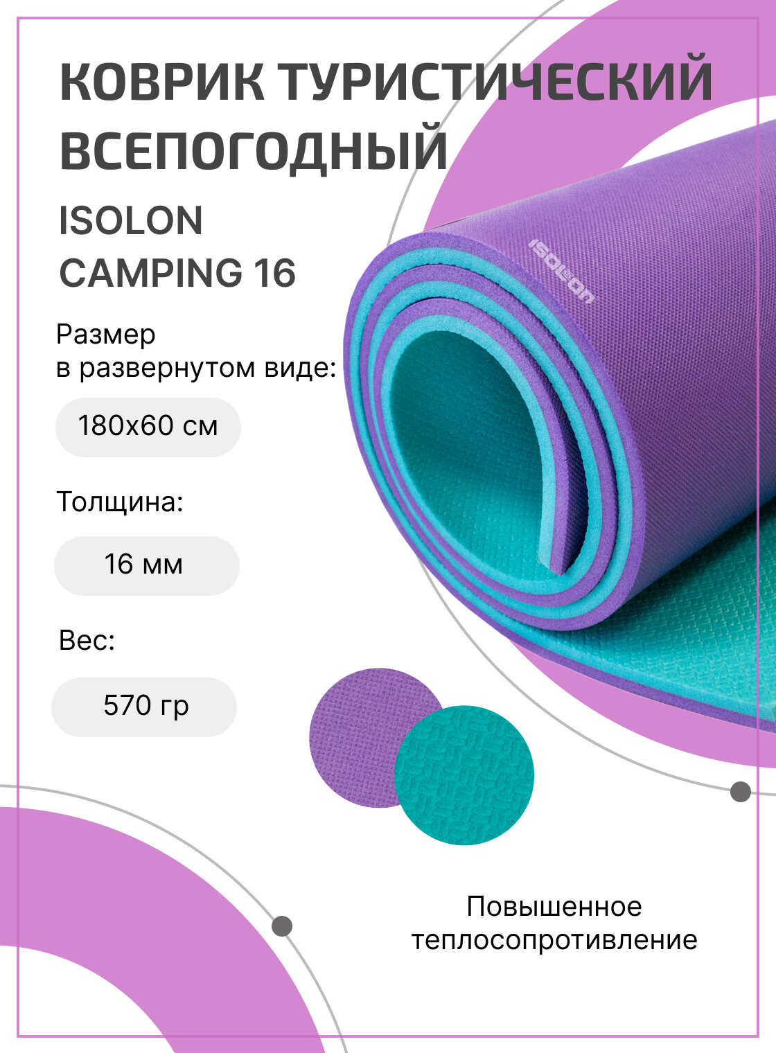 Коврик для активного отдыха и спорта Isolon Camping 16 мм, 180х60 см бирюзовый/фиолетовый