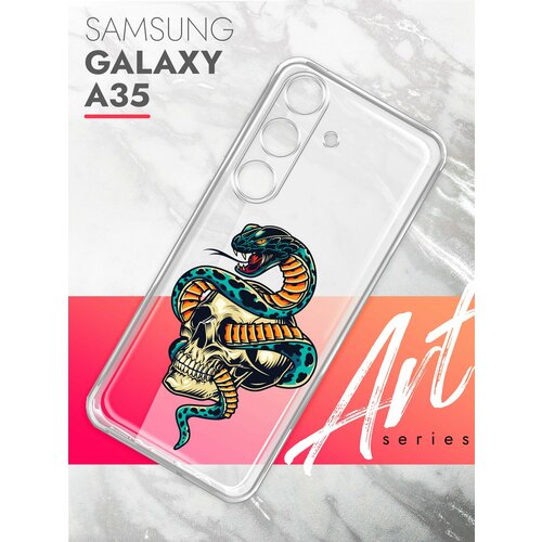 Чехол на Samsung Galaxy A35 (Самсунг Галакси А35), прозрачный силиконовый с защитой (бортиком) вокруг камер, Brozo (принт) Череп Змея чехол на samsung galaxy a35 самсунг галакси а35 прозрачный силиконовый с защитой бортиком вокруг камер brozo принт россия russian fed