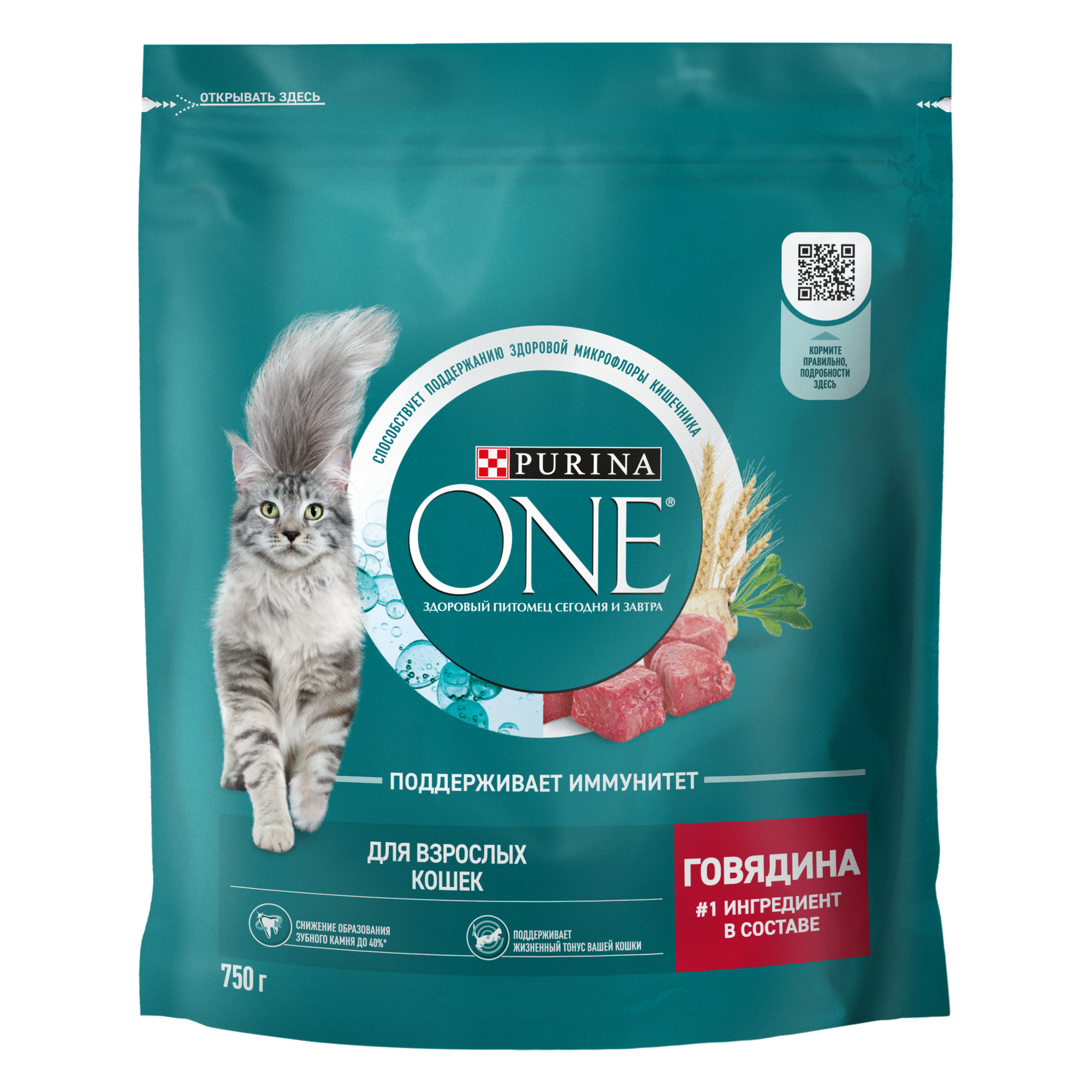 PURINA ONE 750 г сухой корм для взрослых кошек, с высоким содержанием говядины