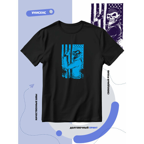 фото Футболка скелет в кожаной куртке с банданой на голове, размер 3xl, черный smail-p