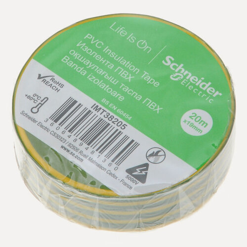 Изображение товара Лента IMT38205 изоляционная жёлто-зелёная ПВХ 19ммХ20м (Systeme Electric) (9 шт. в наборе)