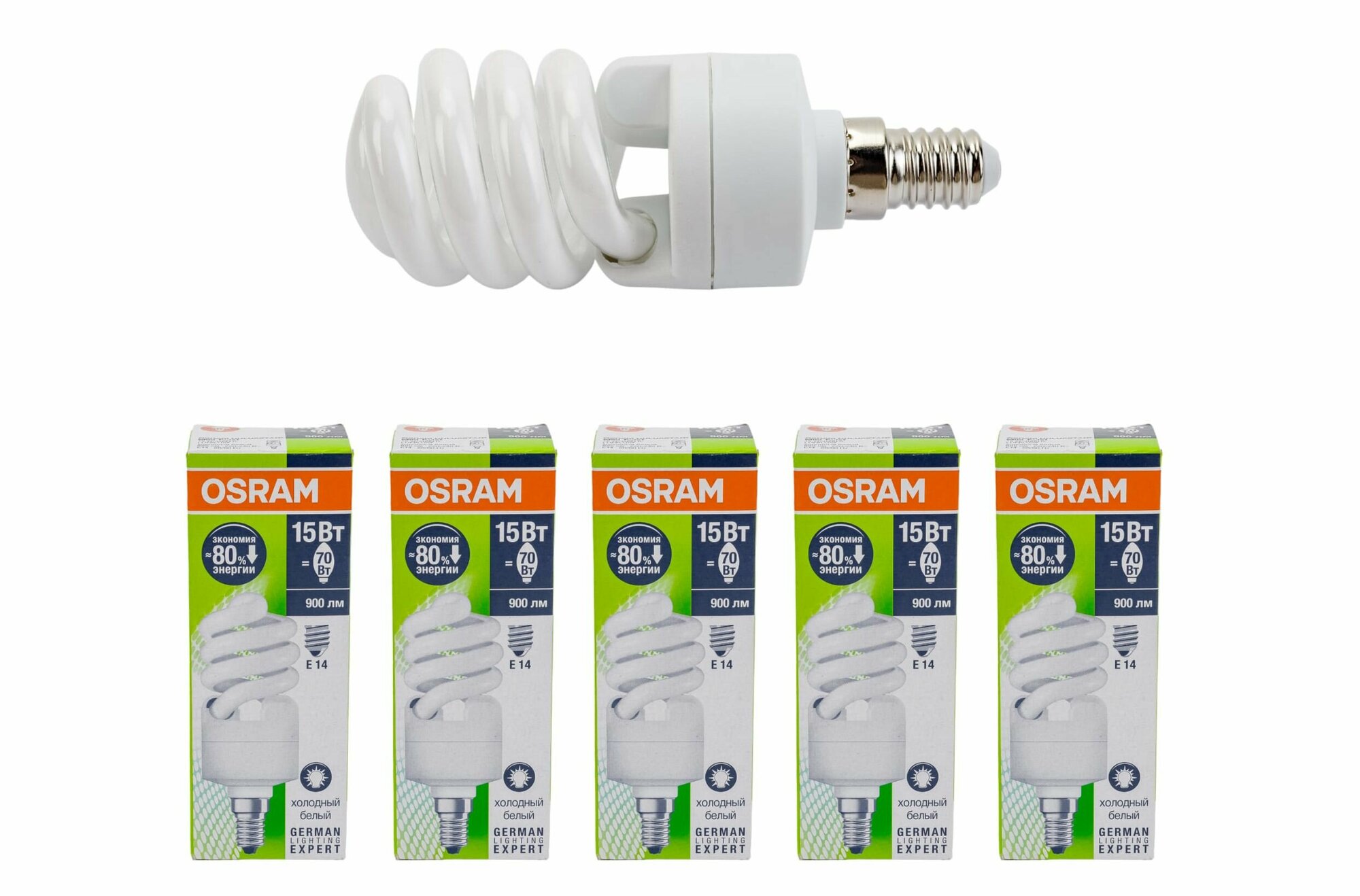 фото Лампа Люминесцентная (энергосберегающая) Спираль 15Вт 220-240В E14 900Лм 4000К Холодный белый DSTMINITWIST 15W/840 220-240V 900lm E14 спираль 8000h d41x100 - лампа OSRAM, уп. 10шт