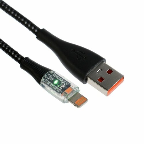 Кабель, 2 А, Lightning - USB, прозрачный, оплётка нейлон, 1 м, чёрный кабель 2 а lightning usb прозрачный оплётка нейлон 1 м синий