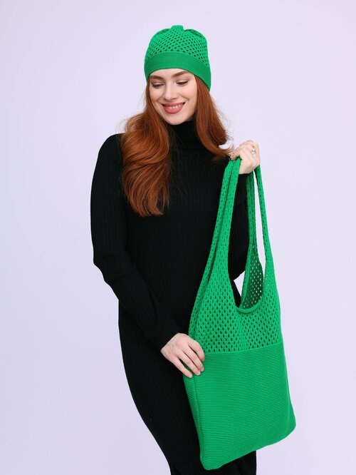 Сумка авоська MI ROPA Сумка-шоппер на плечо + вязаная шапочка в подарок, фактура вязаная, зеленый