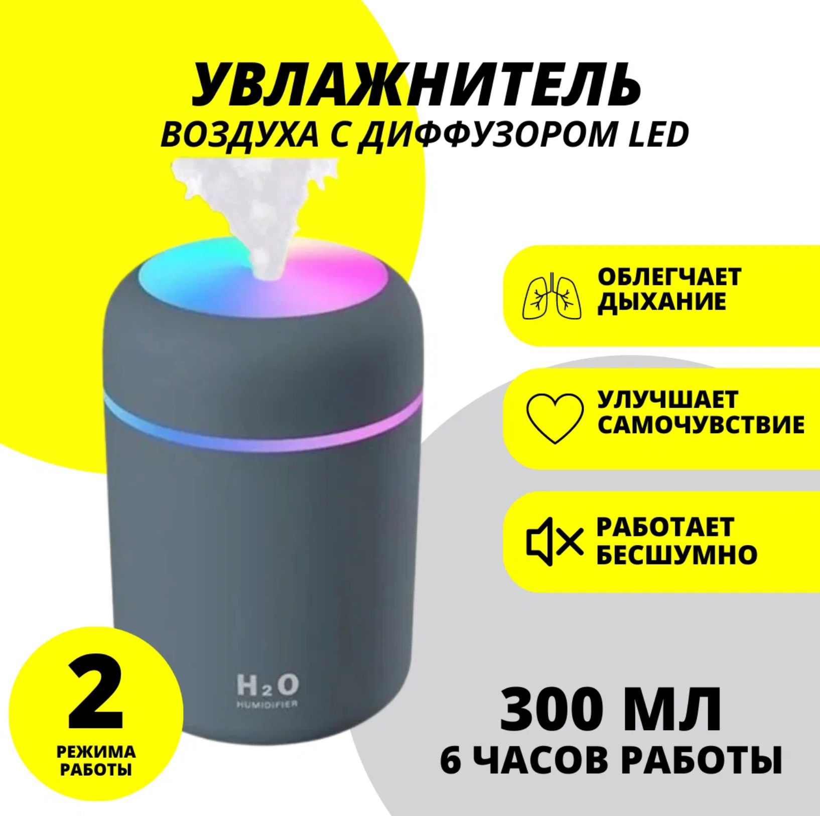 Аромадиффузор-ночник USB Colorful Humidifier H2O, серый