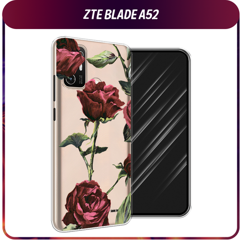 Силиконовый чехол на ZTE Blade A52 / ЗТЕ Блэйд А52 Бордовые розы фон, прозрачный