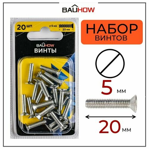 Винт DIN 965 5х20 сталь 4,8 BAUHOW, оцинкованный 20шт в блистере
