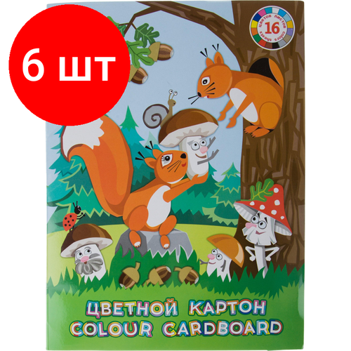 Комплект 6 штук, Картон цветной мелован А4 16л 16цв Белки работают НК-6888