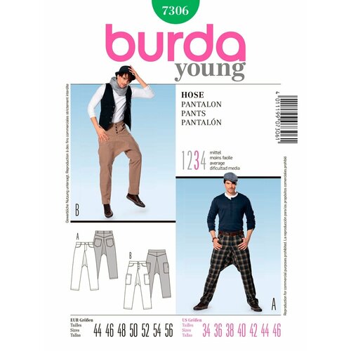 Выкройка BURDA №7306 Мужские брюки выкройка burda 6933 мужские брюки