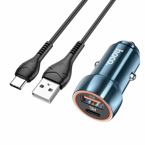 азу 2 usb qc3 0 18w 1 pd 30w nz11a hoco кабель lighting черный АЗУ, 1 USB QC3.0+1 PD 20W (Z46A), HOCO, кабель Type-С, синий