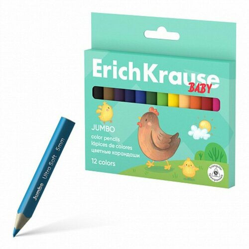 Карандаши 12 цветов ErichKrause Baby Jumbo укороченные трехгранные деревянные европодвес 506₽