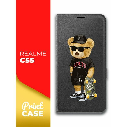 Чехол на Realme C55 (Реалми С55) черный книжка эко-кожа с функцией подставки с отделением для карт магнит Book case, Miuko (принт) Мишка Скейт чехол на realme c55 реалми с55 черный книжка эко кожа с функцией подставки отделением для пластиковых карт и магнитами book case miuko