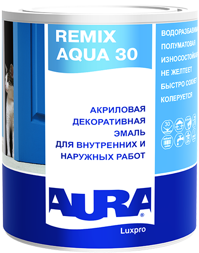 Эмаль Акриловая Aura Luxpro Remix Aqua 30 0.9л Полуматовая, Водоразбавимая для Внутренних и Наружных Работ / Аура.