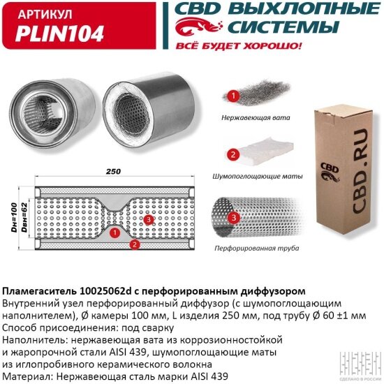 Пламегаситель Cbd с перфорированным диффузором, нержавеющая сталь, PLIN104