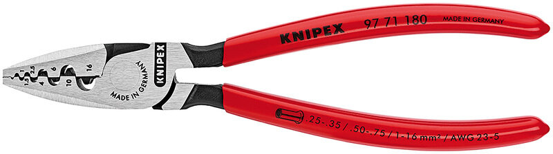 Пресс-клещи KNIPEX 9 гнёзд, контактные гильзы DIN 46228 1+4, 0.25-16 кв. мм, 180 мм, обливные ручки KN-9771180
