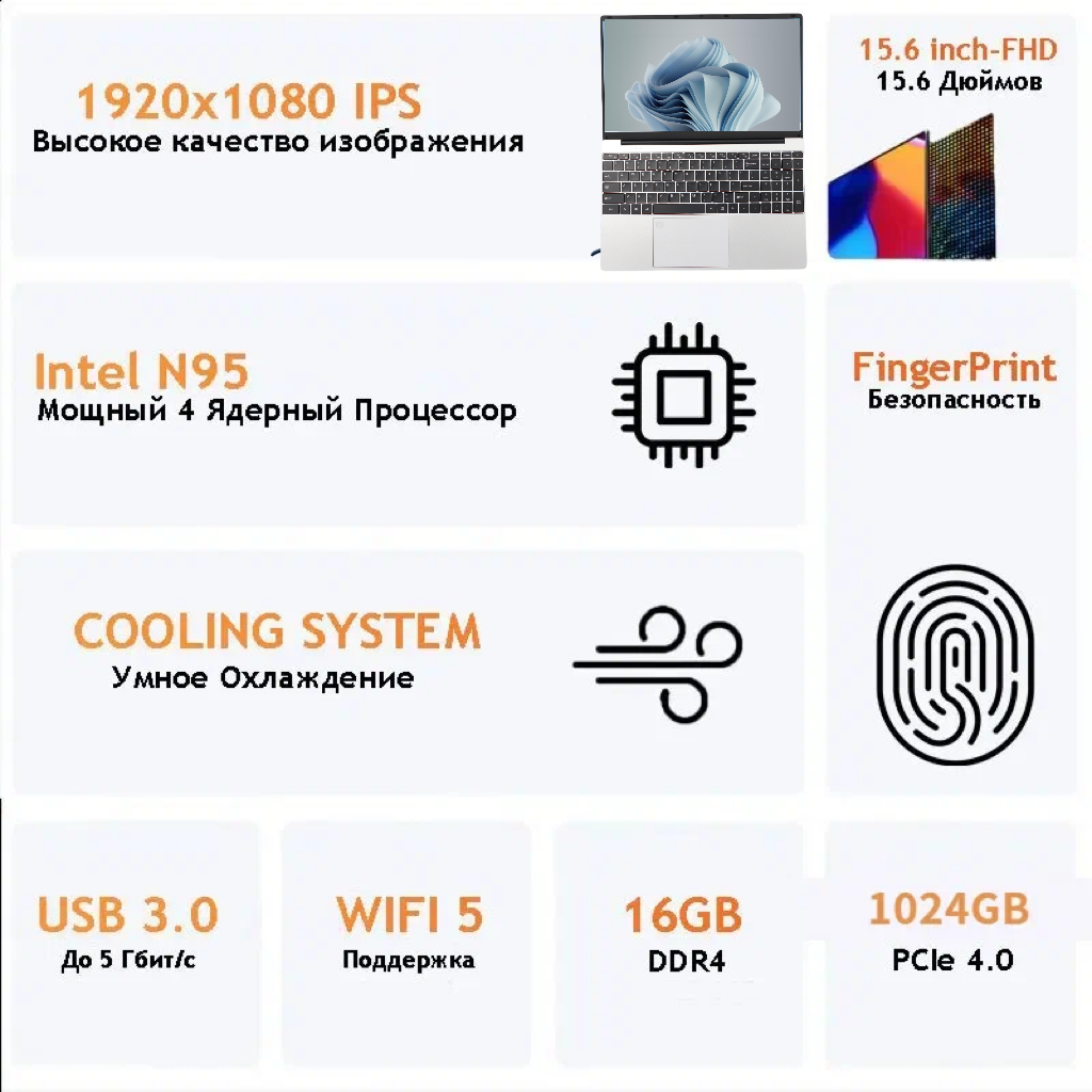 WIXG Ноутбук 15.6", Intel N95 (3.4 ГГц), RAM 16 ГБ, SSD 1024ГБ, Intel UHD Graphics, Windows 10 Pro, Серый, Русская раскладка