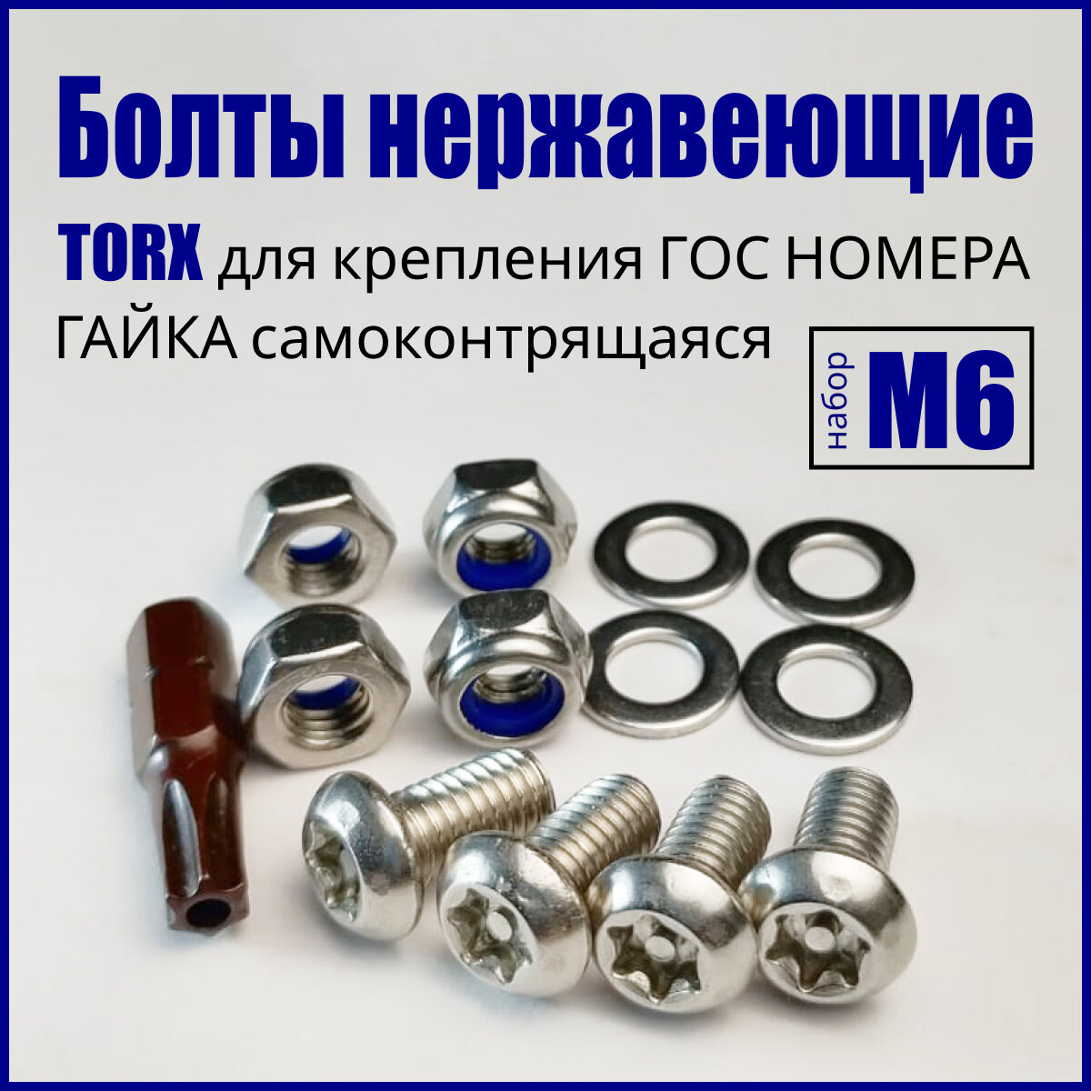 фото Болты нержавеющие для крепления номера к рамке, антивандальный набор М6 шлиц TORX нержавейка, комплект крепежа номерных регистрационных знаков автомобиля