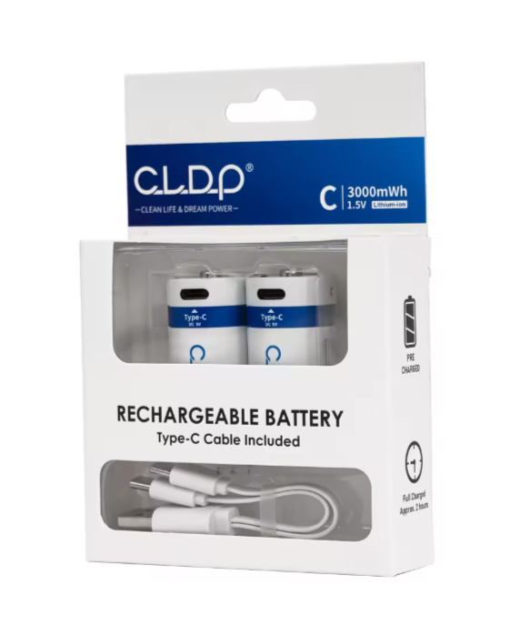 Аккумуляторные батарейки тип С 3000 mWh с зарядкой от USB кабеля, 2 шт.