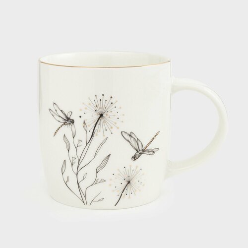 Кружка, 380 мл, фарфор N, белая, с золотистым кантом, Стрекозы и одуванчики, Dragonfly