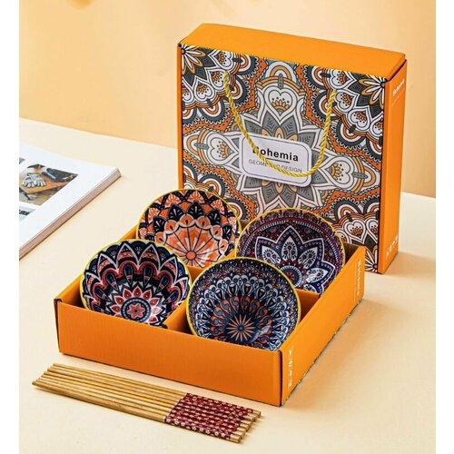 Подарочный набор керамических пиал 4 шт с палочками для суши и роллов, набор соусниц, салатниц, мисок, супниц в подарочной упаковке