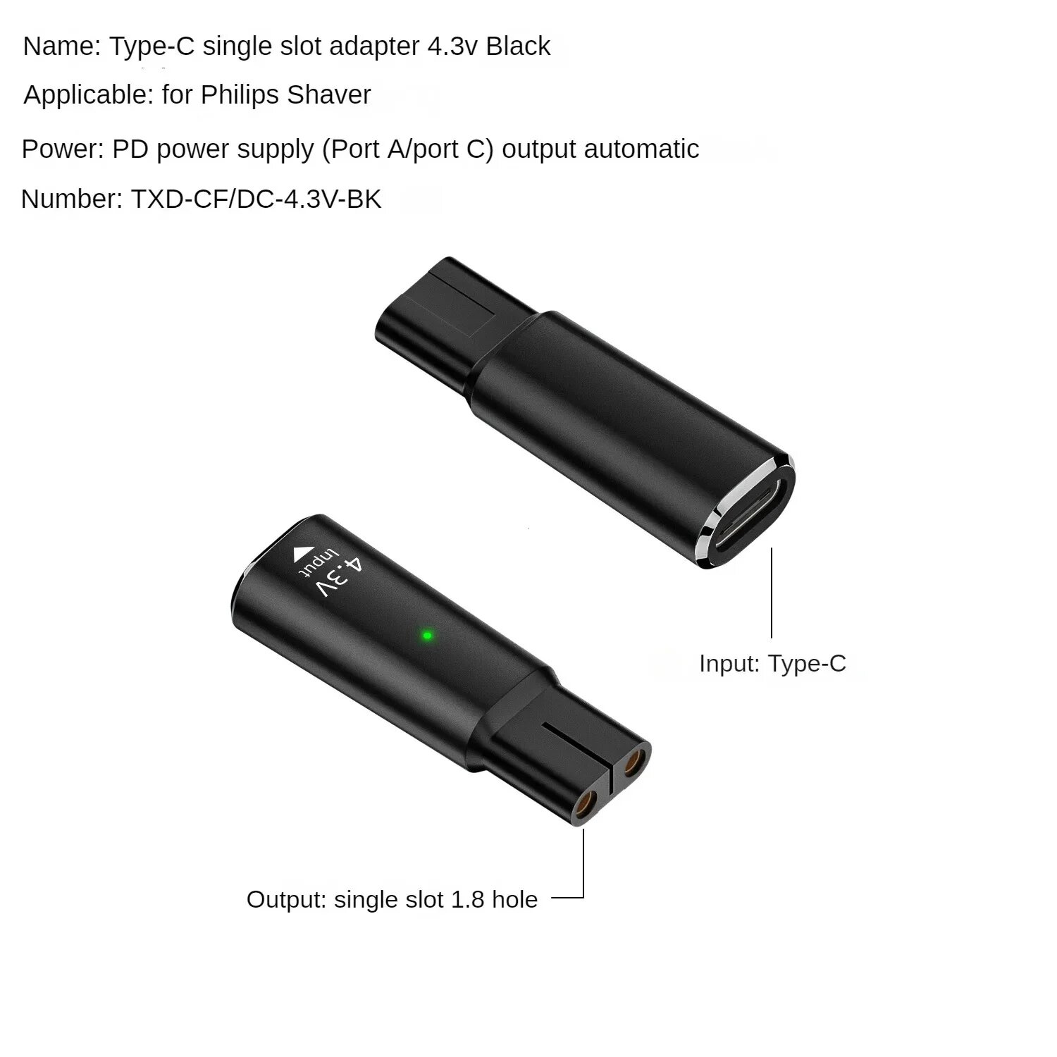 Адаптер для бритвы Dawndesslo 4,3В Type-C для Philips Norelco One Blade, Black