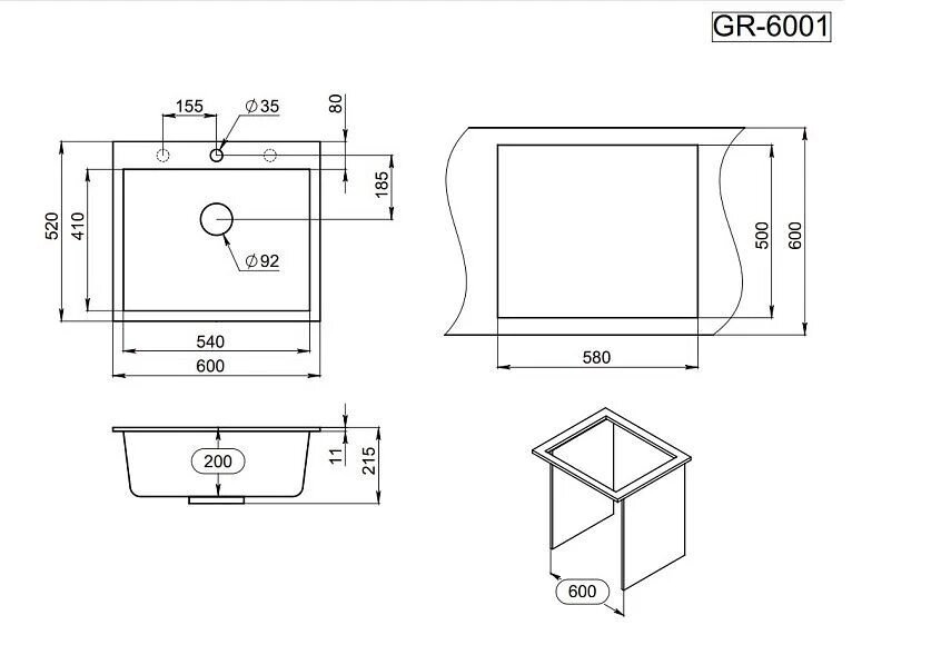 мойка прямоугольная GRANULA 600х520х200мм графит кварц - фото №2