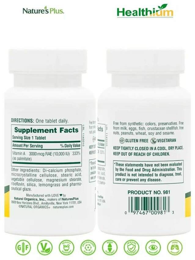 Витамин A NaturesPlus Vitamin A 10000IU 90 таблеток витамин а 10000 ме, 3000 мкг