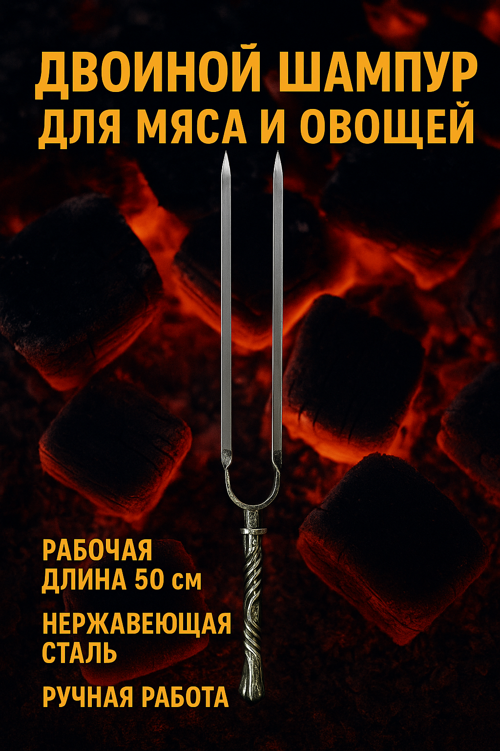 Двойной шампур с ручкой горячей ковки (КРЮЧОК Золото), общая длина 74см