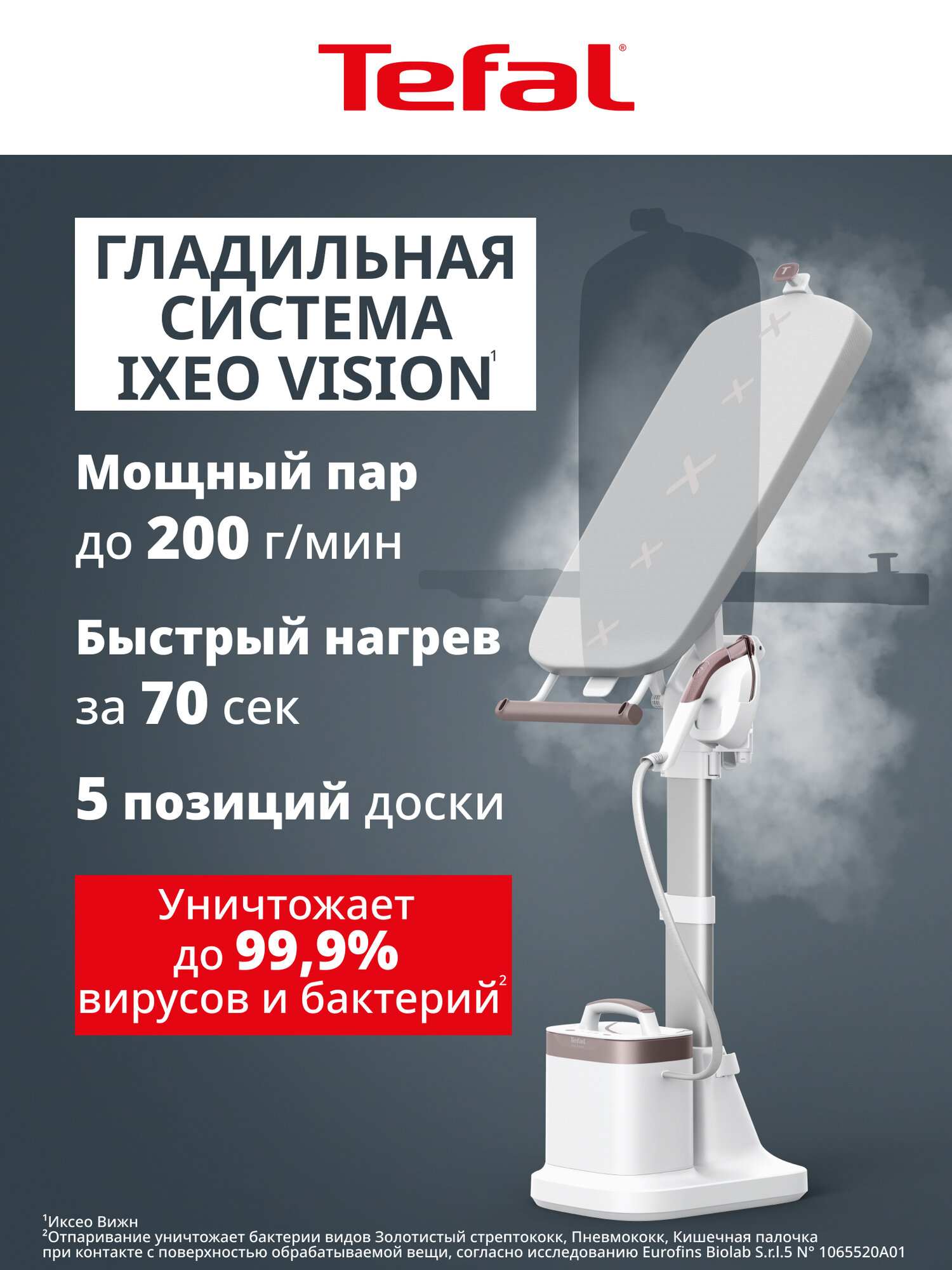 Паровая гладильная система Tefal IXEO Vision QT1811E0 2200 Вт подача пара 80 г/мин паровой удар 200 г/мин 1.2л