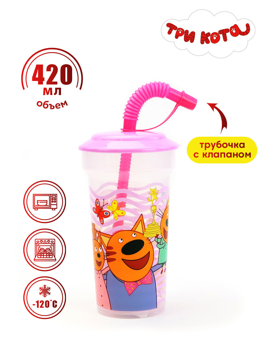 Пластиковый стакан с крышкой Поильник с трубочкой 420 мл Три кота дизайн 1 ND Play