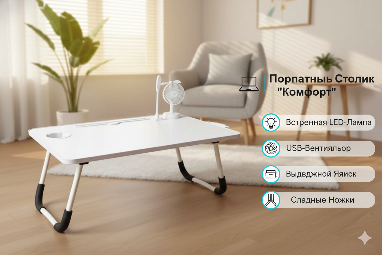 Складной мини-столик 60×40×28 см — для ноутбука, завтрака в постель и учебы