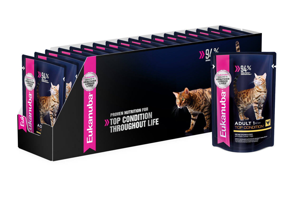 Влажный корм для кошек Eukanuba Adult Top Condition, с курицей в соусе, 85 г х 24 шт