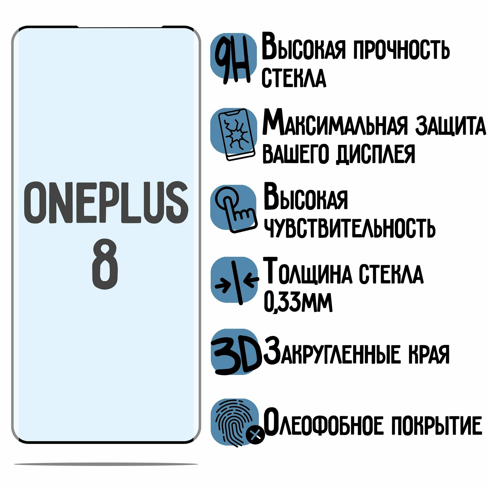 Изогнутое защитное стекло для OnePlus 8 с олеофобным покрытием прозрачное с черной рамкой