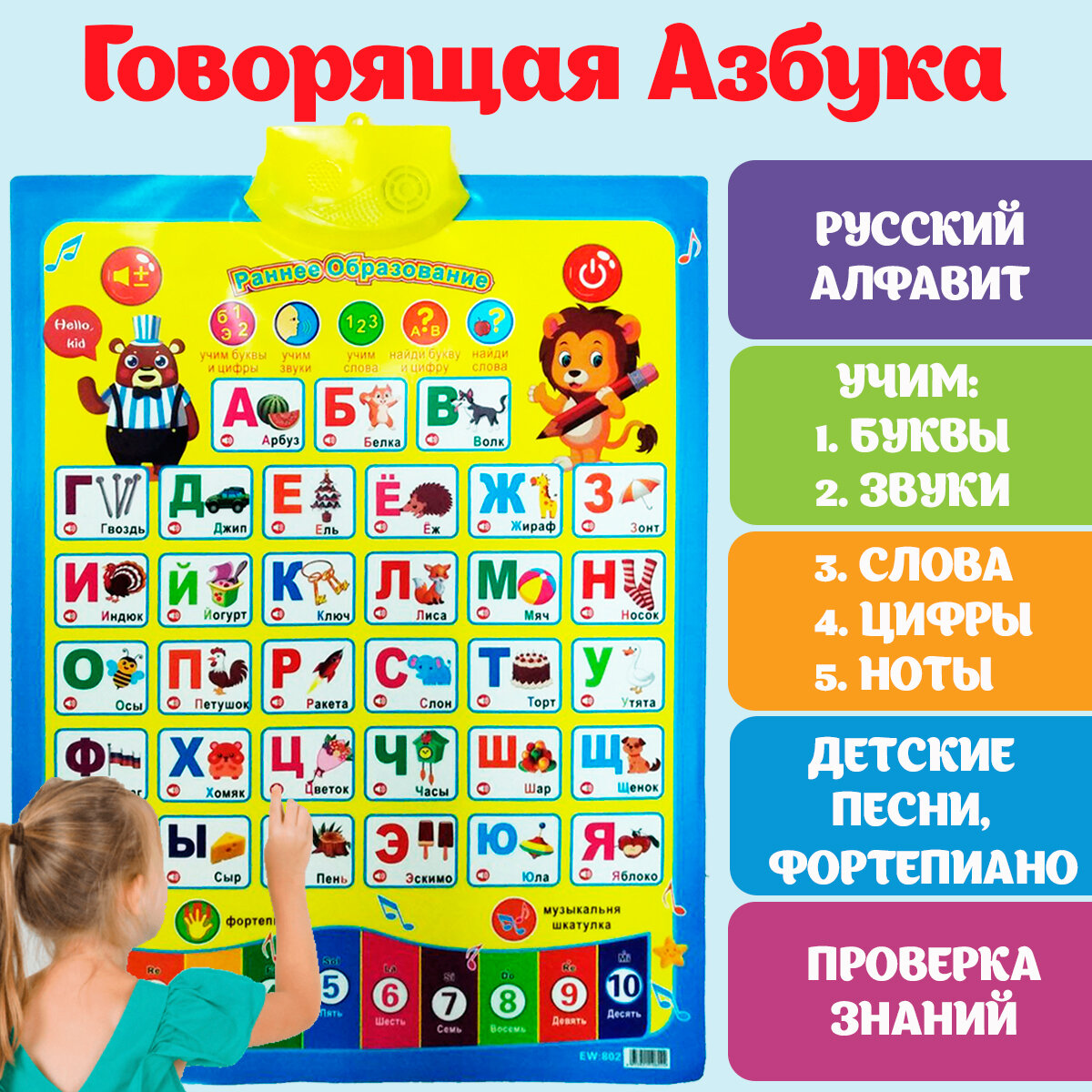 Азбука говорящая алфавит плакат для малышей, обучающий и электронный букварь для детей, учим буквы, русский язык, цифры, звуки и слова, музыкальная и интерактивная азбука, подарок ребенку