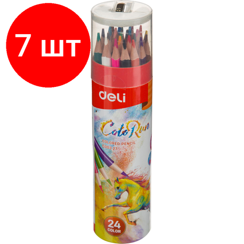 фото Комплект 7 наб, карандаши цветные deli ec00327 colorun 3-гран. 24цв/наб точилка карт. тубус