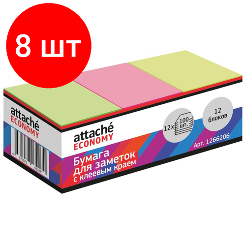 Комплект 8 упаковок, Стикеры Attache Economy с клеев. краем 38x51 мм, 100л в блоке, неон 12 бл attache economy стикеры с клеевым краем 76х76 мм 12 блоков по 100 листов неон 1266204 разноцветный 75 г м² 12 шт 232 мм 82 мм 1200 листов